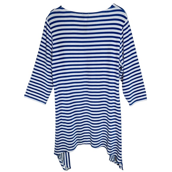 Chicos Travelers Top Size 2 L Blue & White Striped 3/4 Sleeve Hi-Lo Asymmetrical - Picture 2 of 4